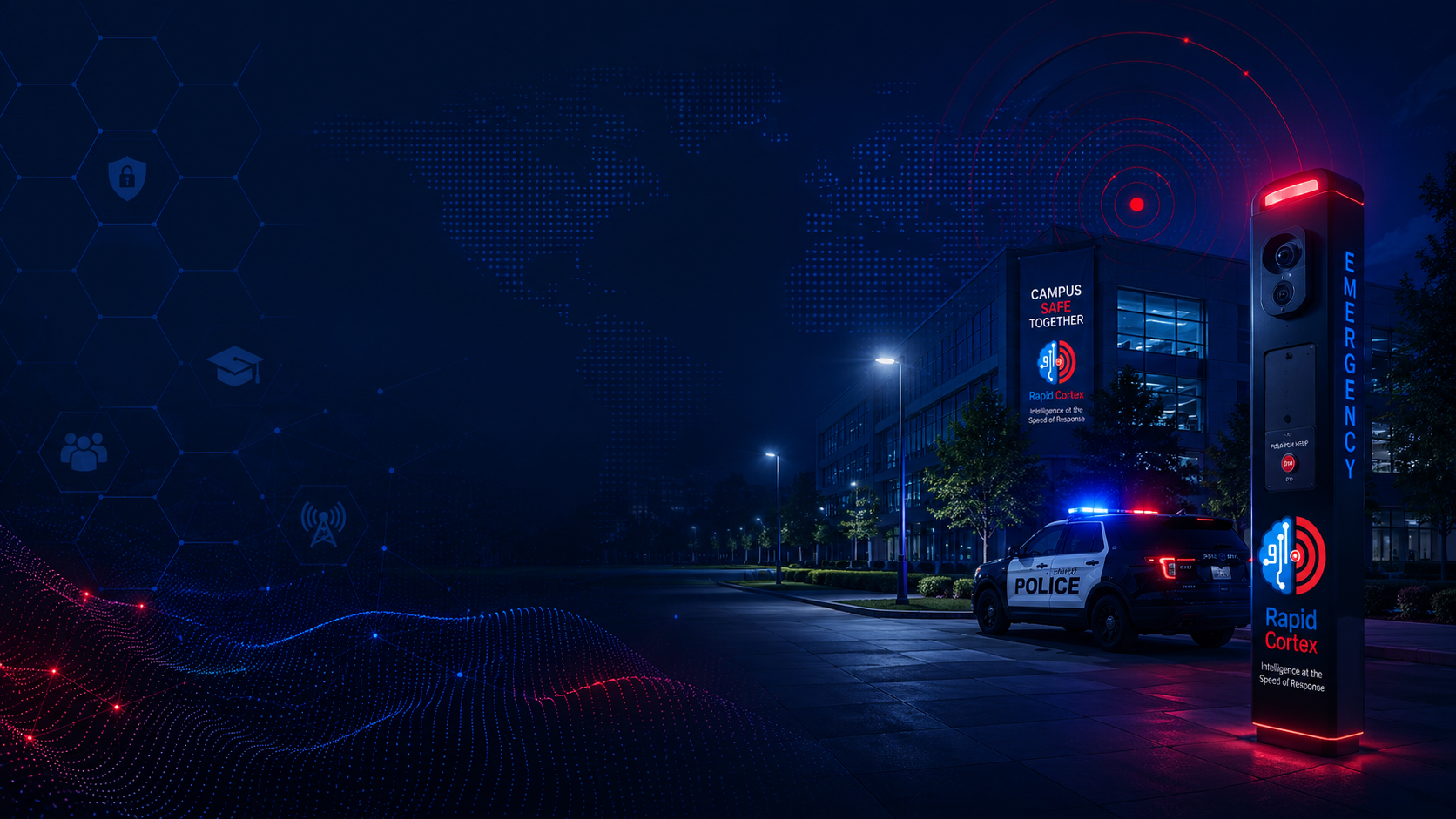 Rapid Cortex Campus — emergency tower, campus safety operations, and intelligence overlays at night